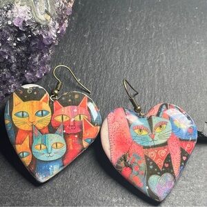 Laurel Burch Inspired Colorful Cat Heart Handmade Clay Earrings